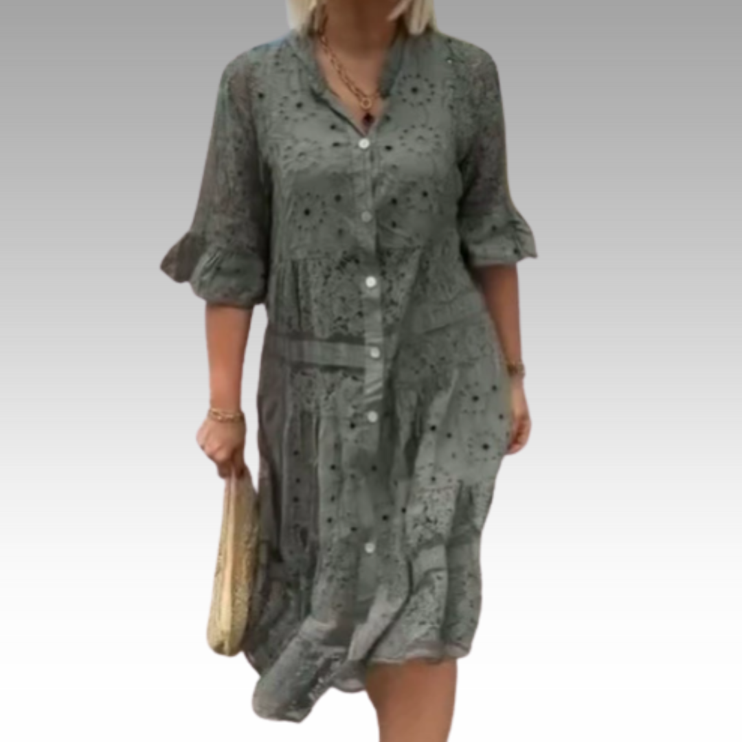 Emberly™ – Locker sitzendes Kleid mit Stickerei und Knopfleiste