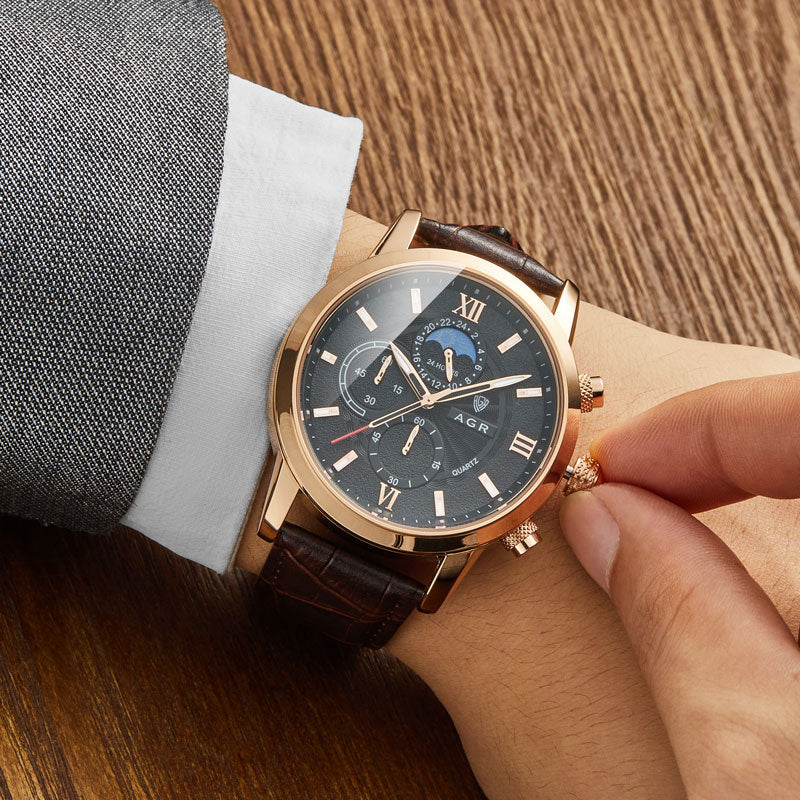 Luxus Quarz Uhr mit Lederarmband