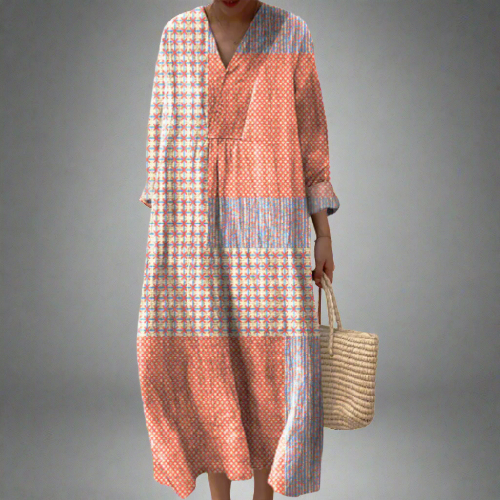 Nora™ | Patchwork-Midikleid mit Korallen- und Sternenmuster