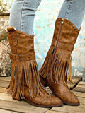 Beryl | Women's Pointed Toe Fringed Block Heel Boots with Studs and Side Zipper
