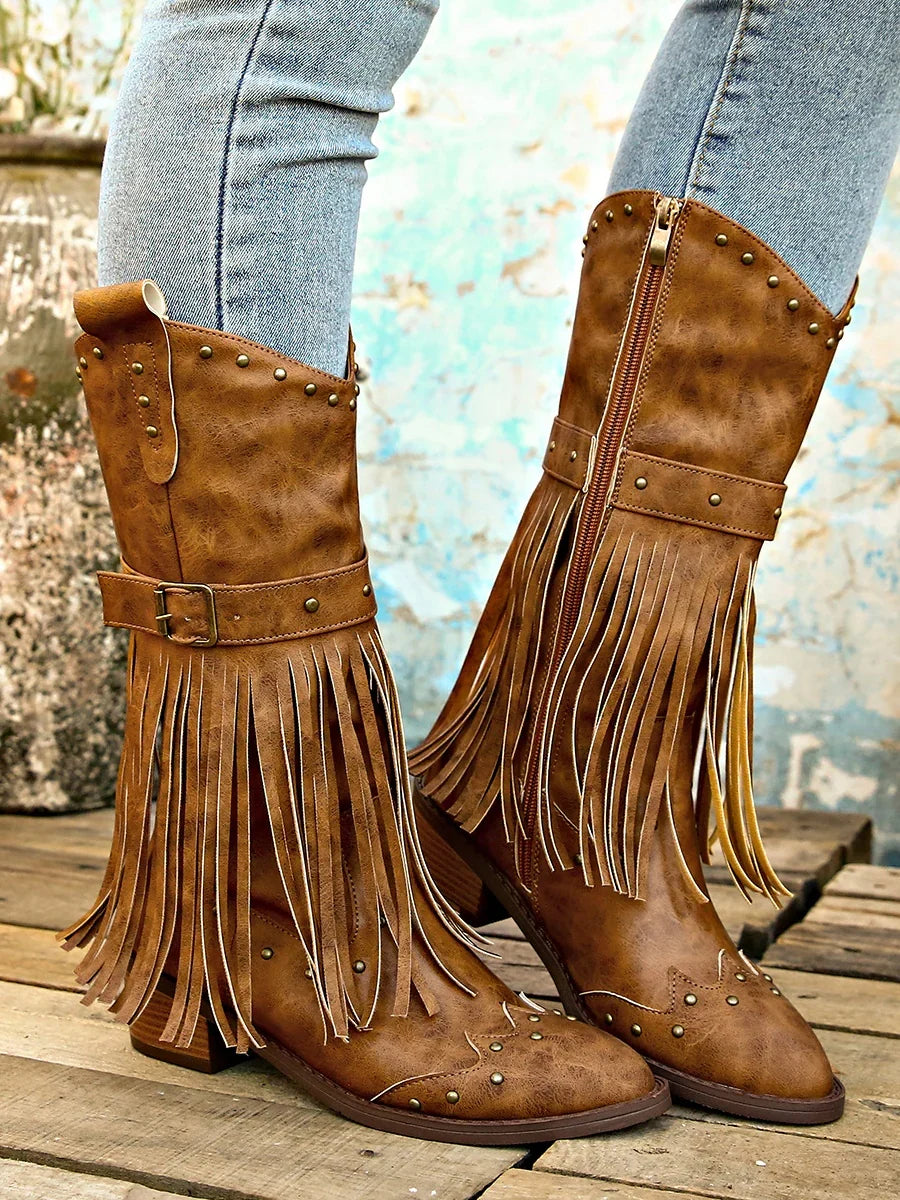 Beryl | Women's Pointed Toe Fringed Block Heel Boots with Studs and Side Zipper