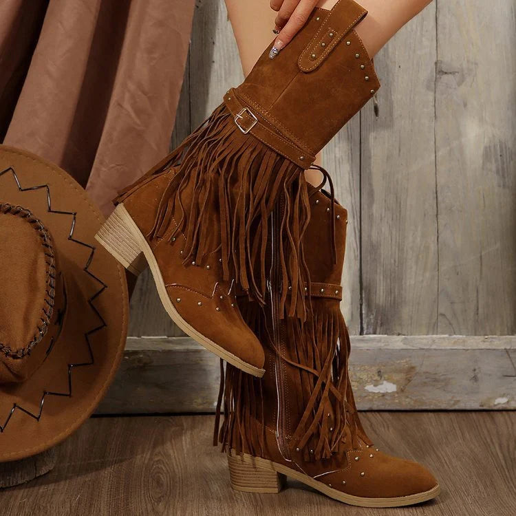 Beryl | Women's Pointed Toe Fringed Block Heel Boots with Studs and Side Zipper
