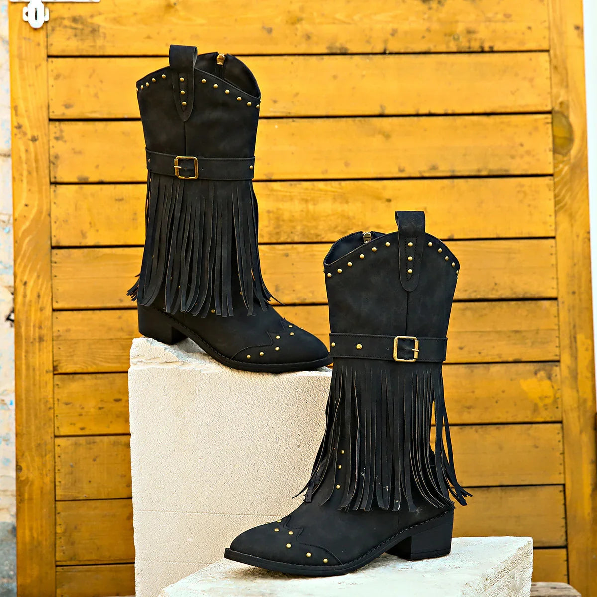 Beryl | Women's Pointed Toe Fringed Block Heel Boots with Studs and Side Zipper