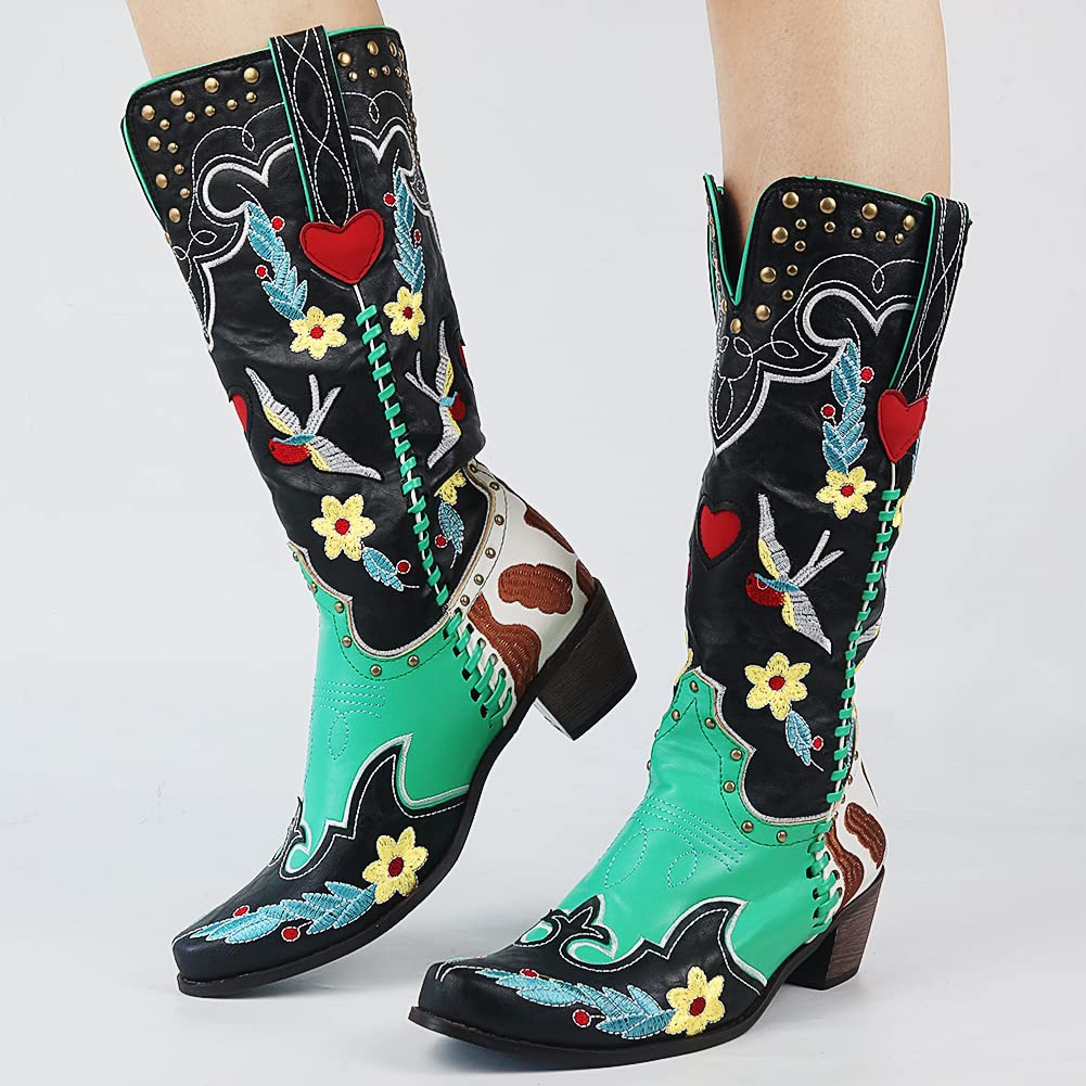 Black Boots For Women | Embroidered Western Knee-High Block Heel