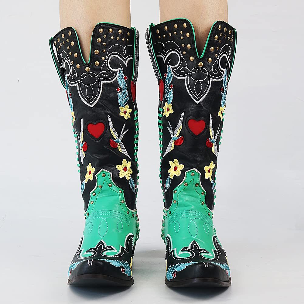 Black Boots For Women | Embroidered Western Knee-High Block Heel