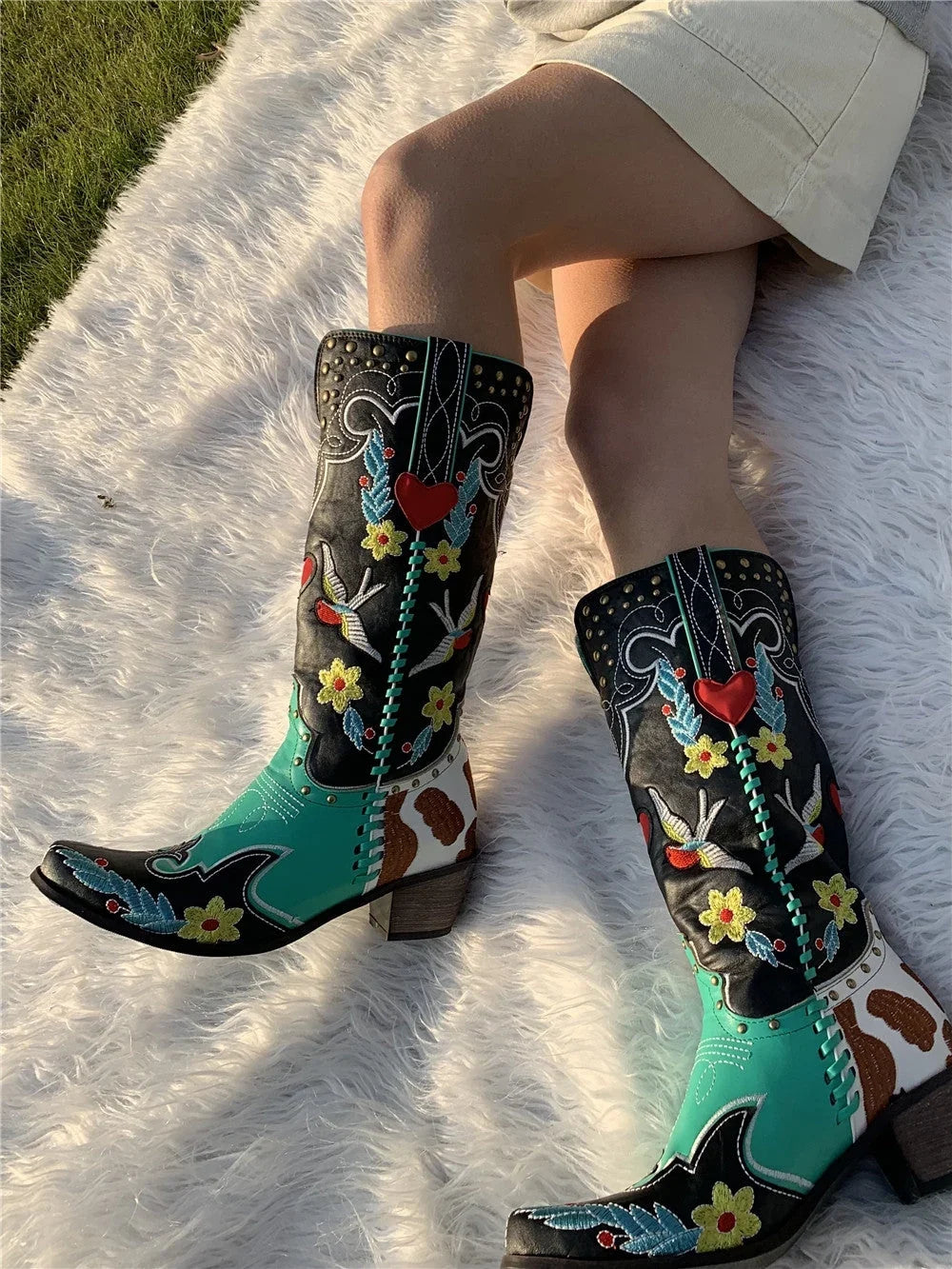 Black Boots For Women | Embroidered Western Knee-High Block Heel