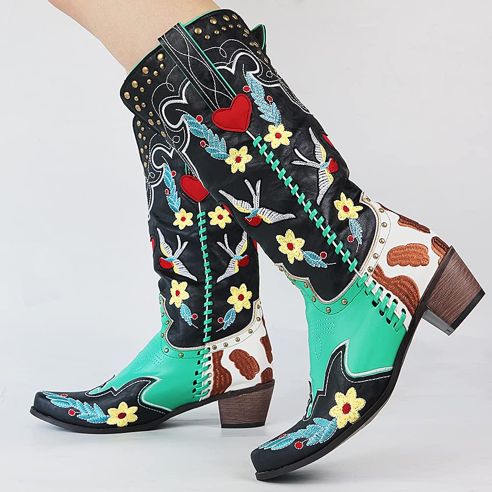 Black Boots For Women | Embroidered Western Knee-High Block Heel