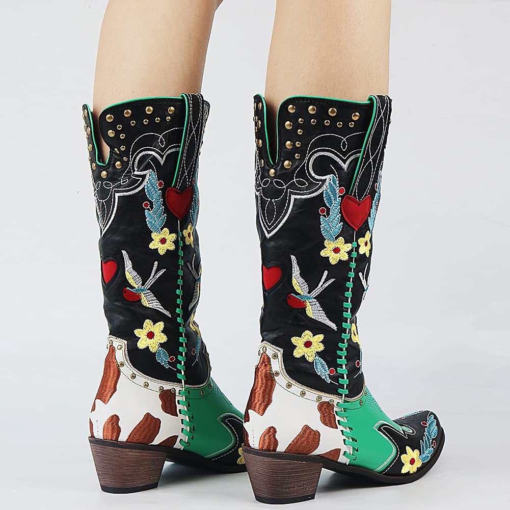 Black Boots For Women | Embroidered Western Knee-High Block Heel