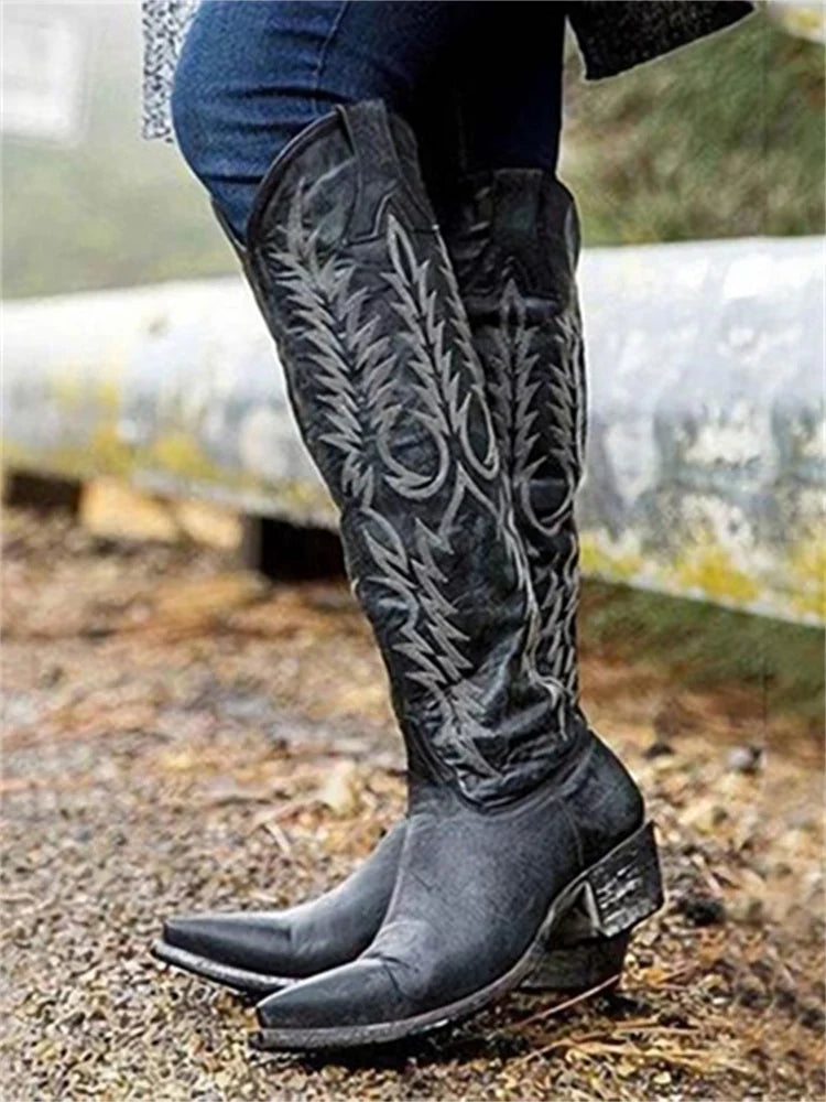 Bonnie | Women's Pointed Toe Embroidered Western Knee High Boots with Side Zip