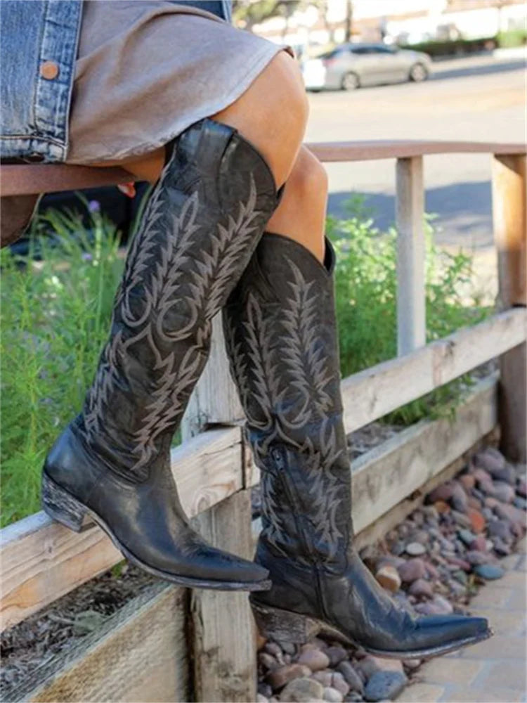 Bonnie | Women's Pointed Toe Embroidered Western Knee High Boots with Side Zip