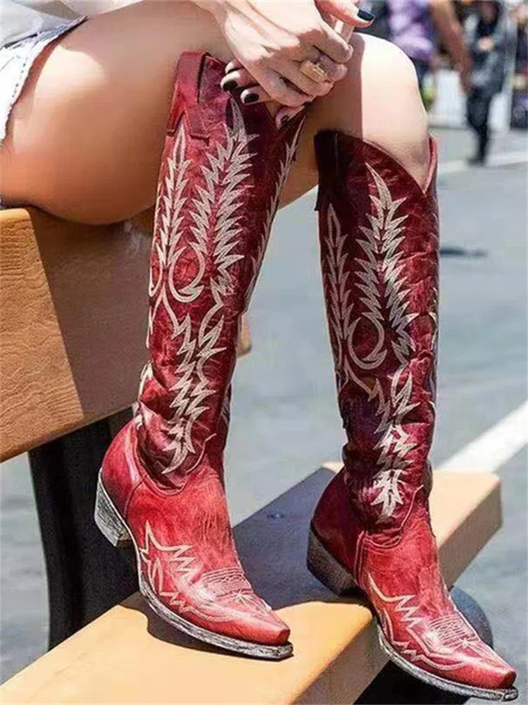 Bonnie | Women's Pointed Toe Embroidered Western Knee High Boots with Side Zip