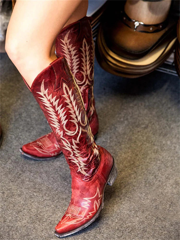 Bonnie | Women's Pointed Toe Embroidered Western Knee High Boots with Side Zip