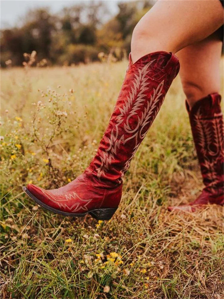 Bonnie | Women's Pointed Toe Embroidered Western Knee High Boots with Side Zip