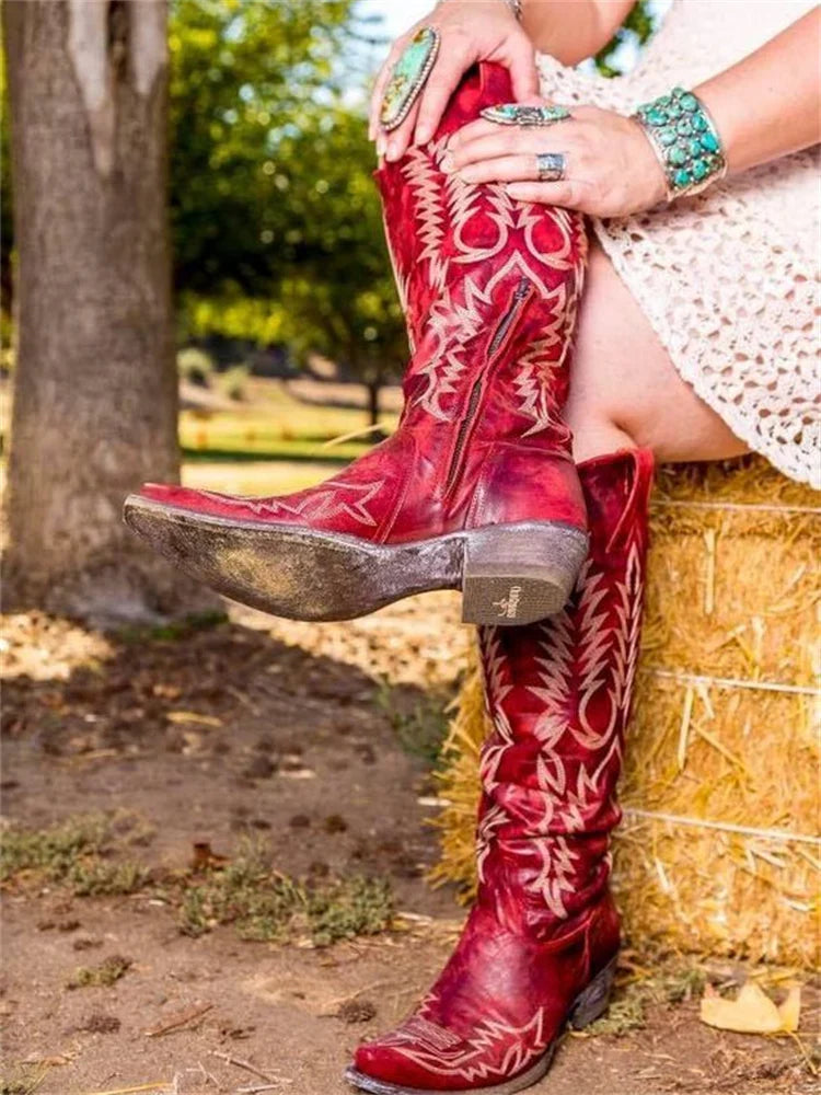 Bonnie | Women's Pointed Toe Embroidered Western Knee High Boots with Side Zip