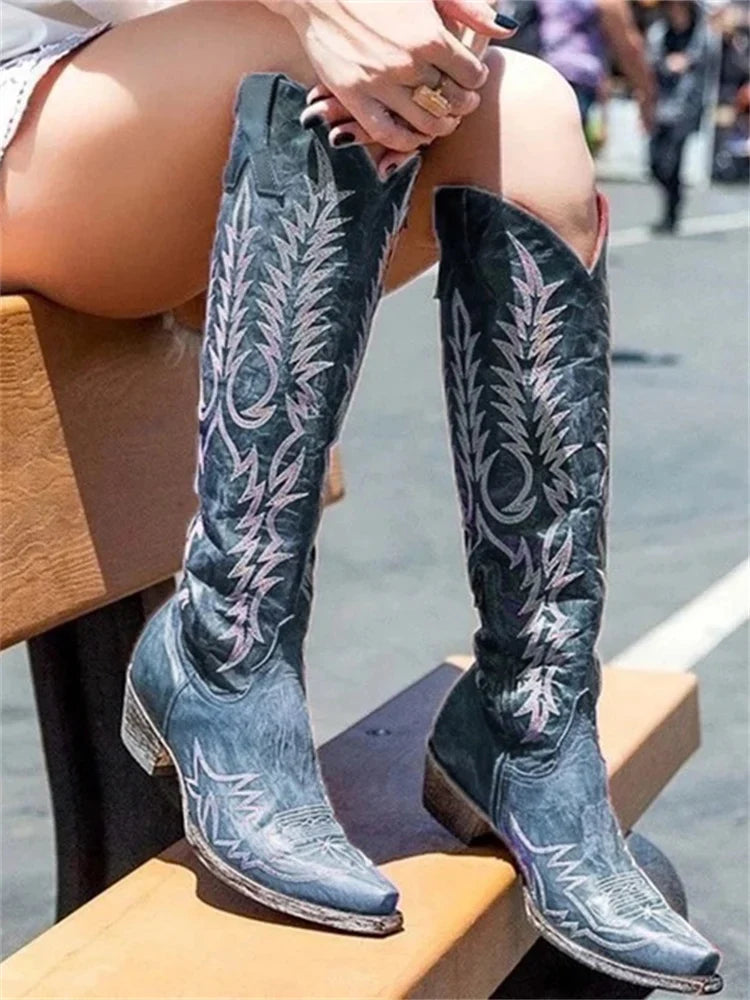 Bonnie | Women's Pointed Toe Embroidered Western Knee High Boots with Side Zip