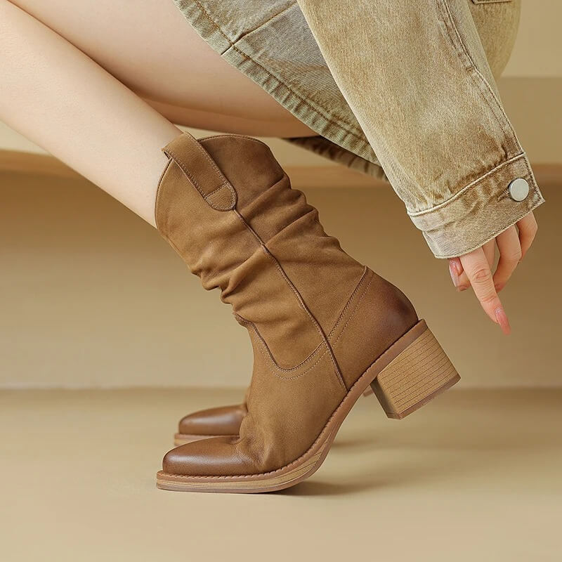 Boots For Women | Leather Western Block Heel Side Zip