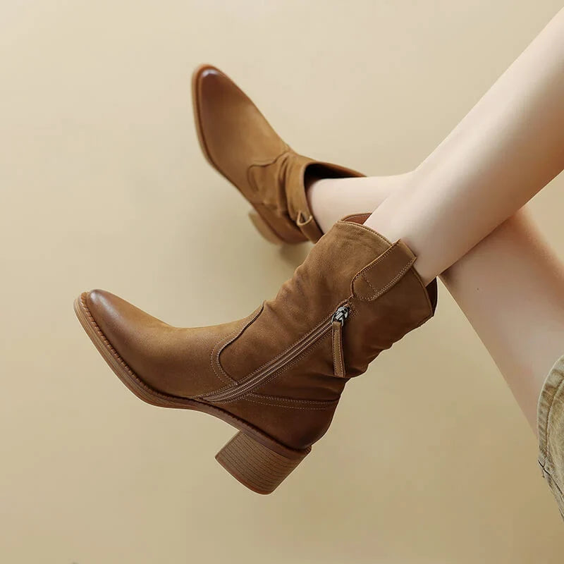 Boots For Women | Leather Western Block Heel Side Zip