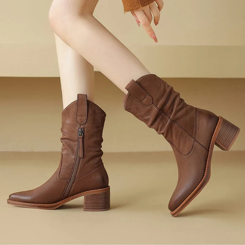 Boots For Women | Leather Western Block Heel Side Zip