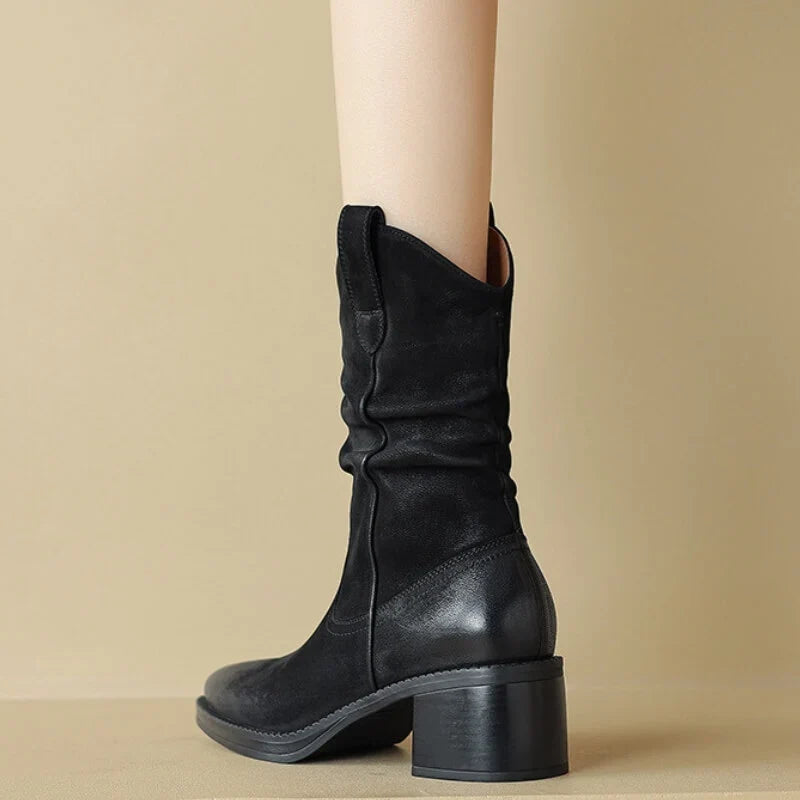 Boots For Women | Leather Western Block Heel Side Zip