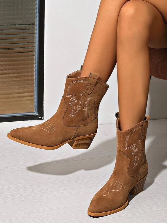 Claire | Women's Pointed Toe Embroidered Block Heel Mid Calf Boots with Cutout