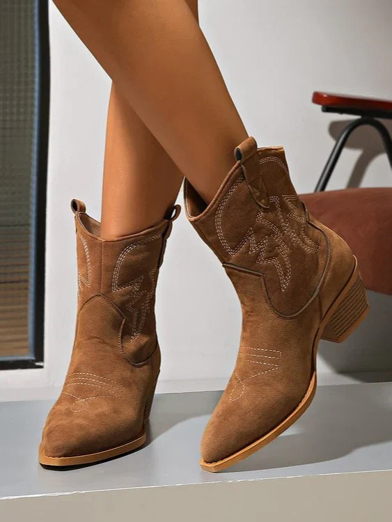 Claire | Women's Pointed Toe Embroidered Block Heel Mid Calf Boots with Cutout