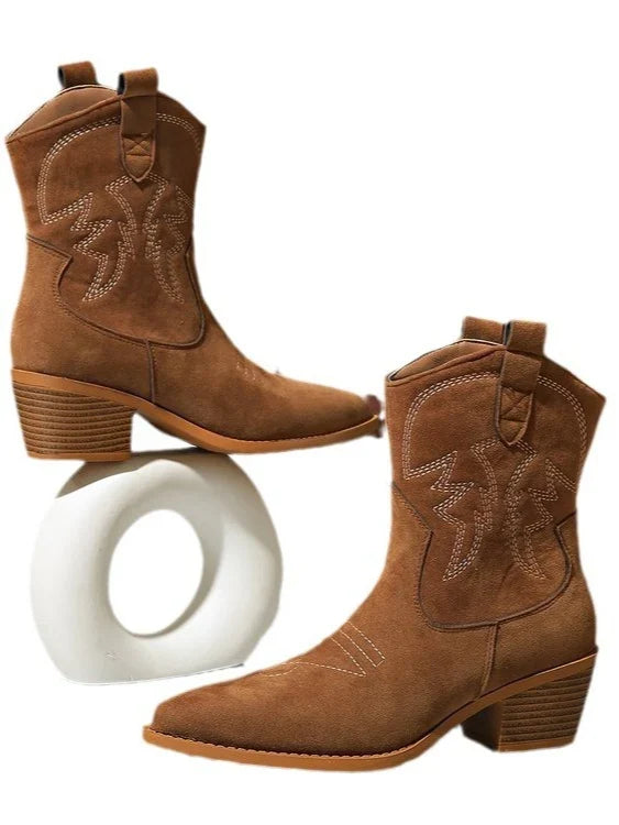 Claire | Women's Pointed Toe Embroidered Block Heel Mid Calf Boots with Cutout