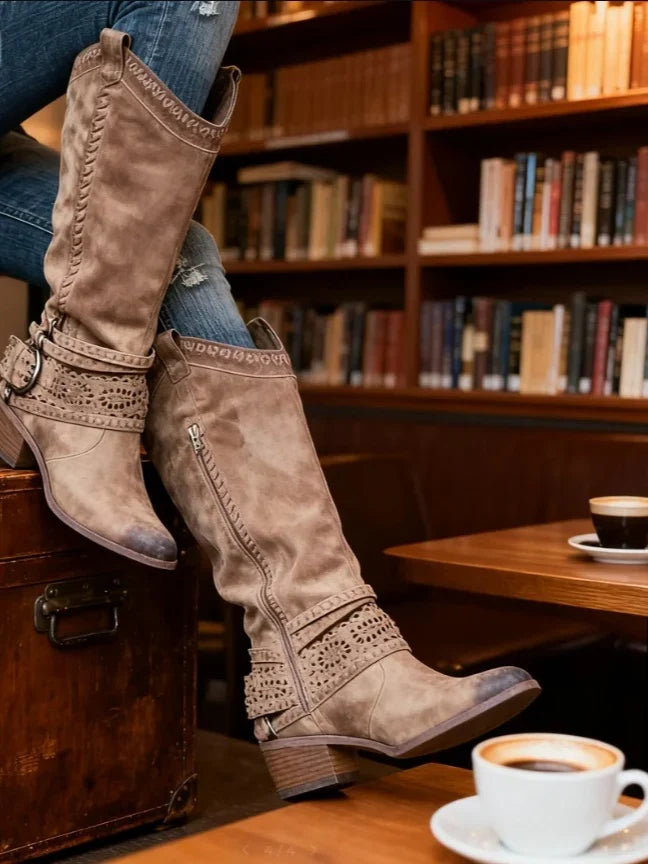 Edith | Women's Slip On Round Toe Knee High Buckle Strap Boots with Zipper