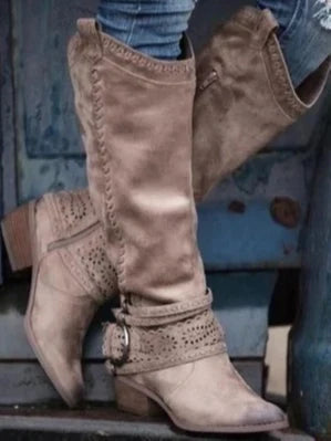 Edith | Women's Slip On Round Toe Knee High Buckle Strap Boots with Zipper