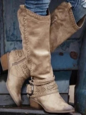 Edith | Women's Slip On Round Toe Knee High Buckle Strap Boots with Zipper