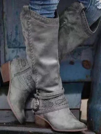 Edith | Women's Slip On Round Toe Knee High Buckle Strap Boots with Zipper