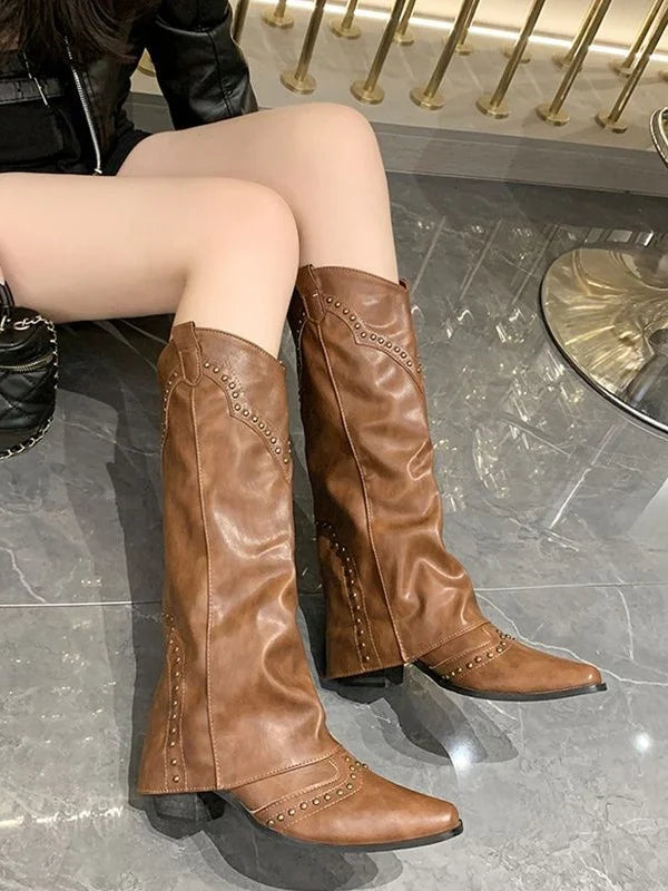 Evie | Women's Block Heel Studded Pointed Toe Biker Boots