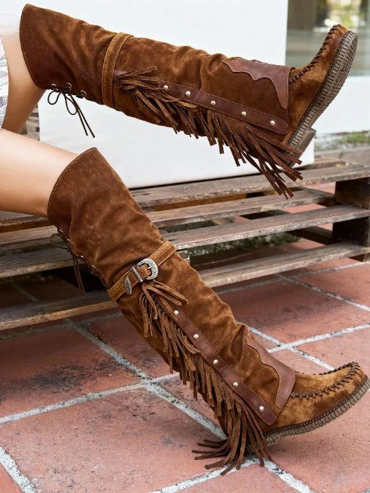 Faith | Women's Slip On Brown Suede Fringe Over The Knee Boots with Buckle Strap