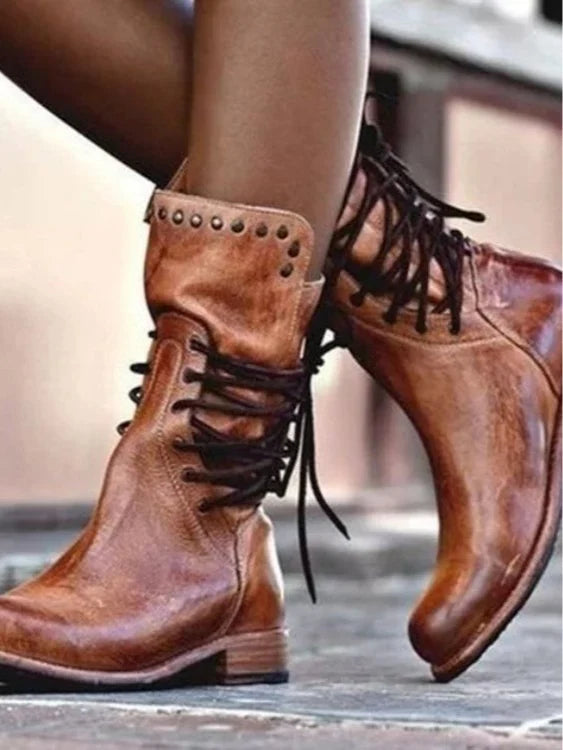 Freya | Women's Round Toe Lace Up Motorcycle Boots
