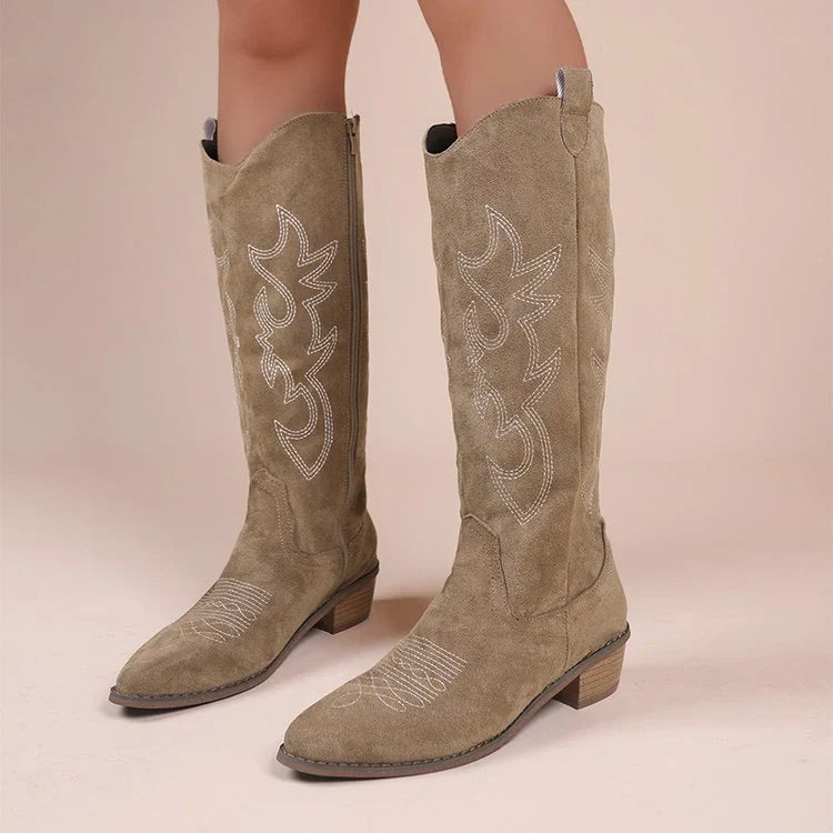 Grace | Women's Pointed Toe Embroidered Western Knee High Boots with Low Heel