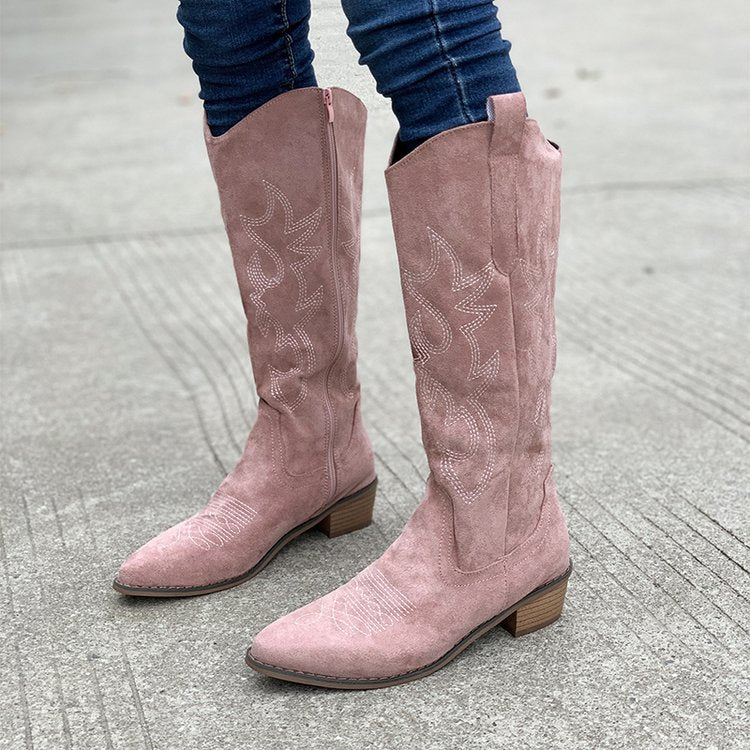 Grace | Women's Pointed Toe Embroidered Western Knee High Boots with Low Heel