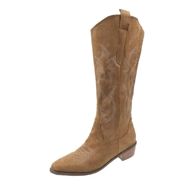Grace | Women's Pointed Toe Embroidered Western Knee High Boots with Low Heel