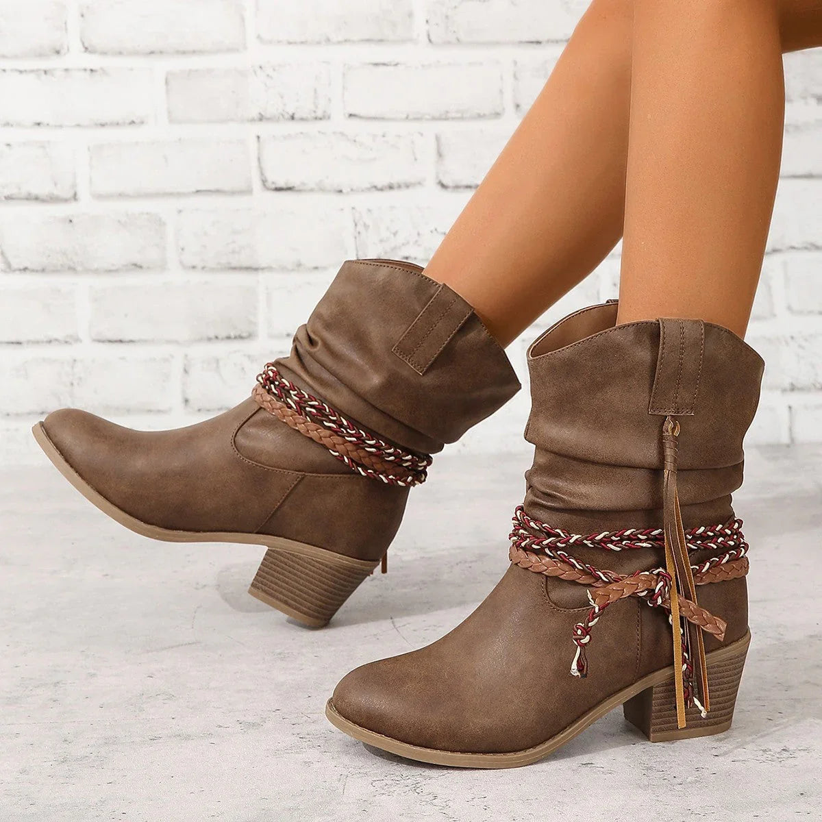 Hannah | Women's Block Heel Western Cowboy Ankle Boots with Tassel and Braided Accent