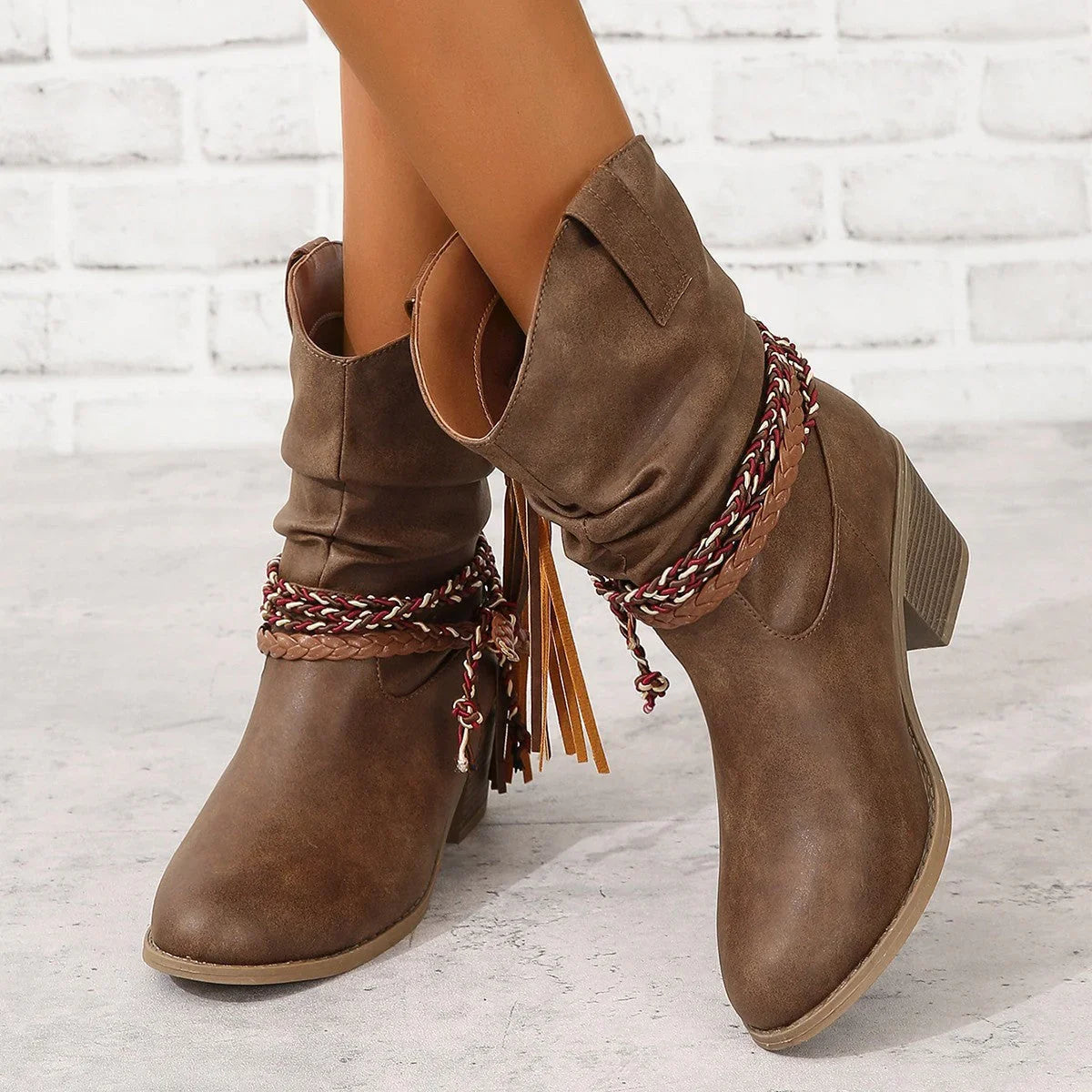 Hannah | Women's Block Heel Western Cowboy Ankle Boots with Tassel and Braided Accent