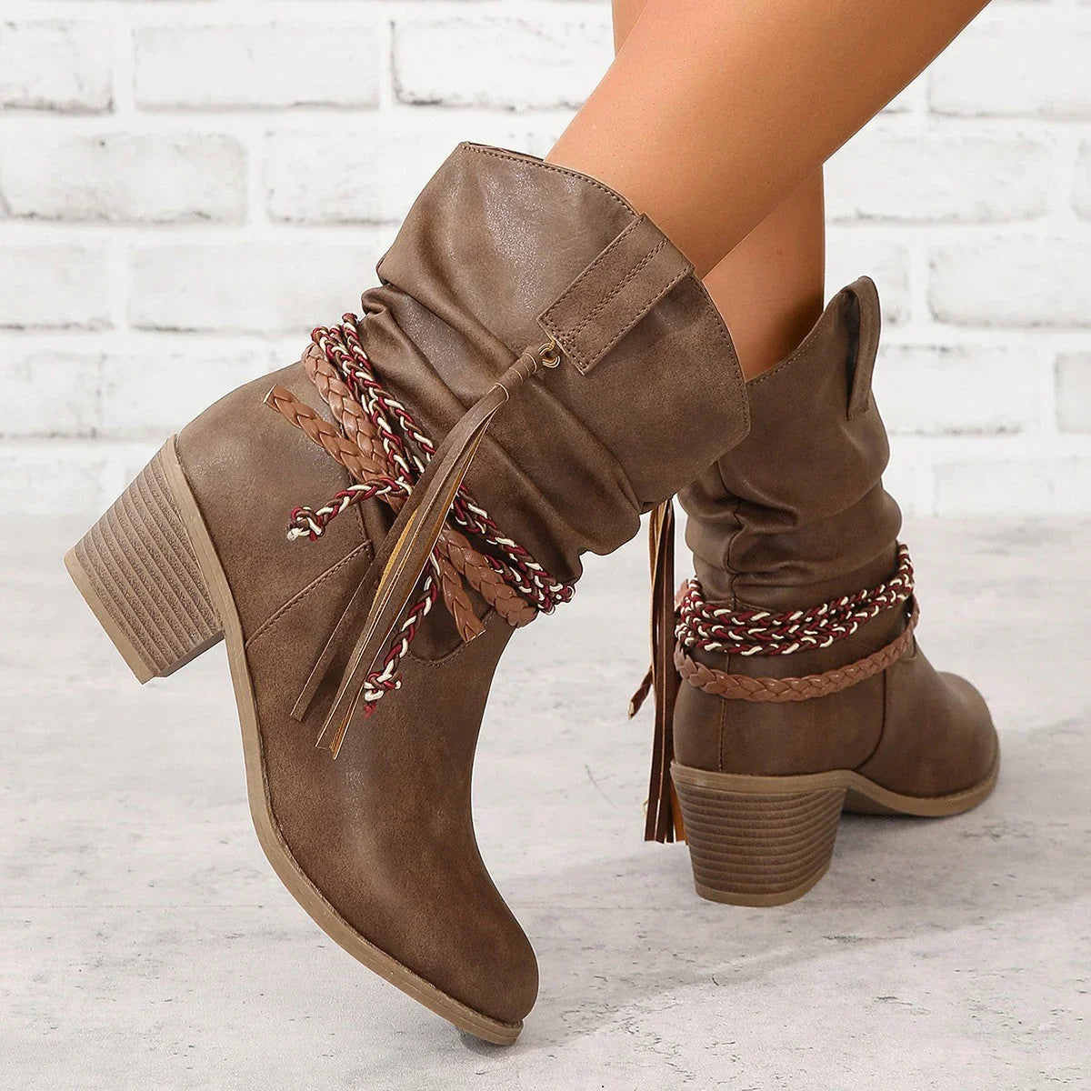 Hannah | Women's Block Heel Western Cowboy Ankle Boots with Tassel and Braided Accent