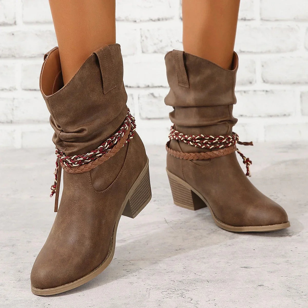 Hannah | Women's Block Heel Western Cowboy Ankle Boots with Tassel and Braided Accent