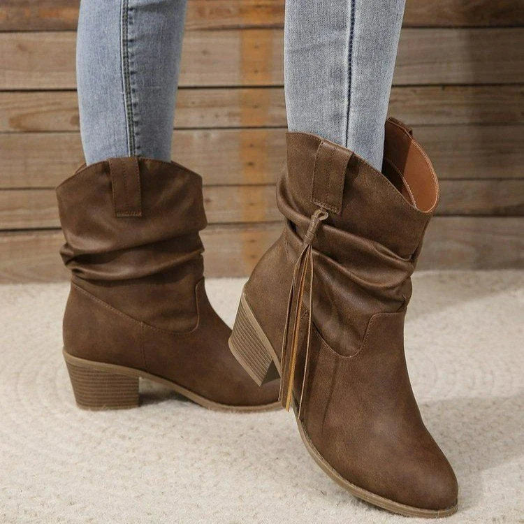 Hannah | Women's Block Heel Western Cowboy Ankle Boots with Tassel and Braided Accent