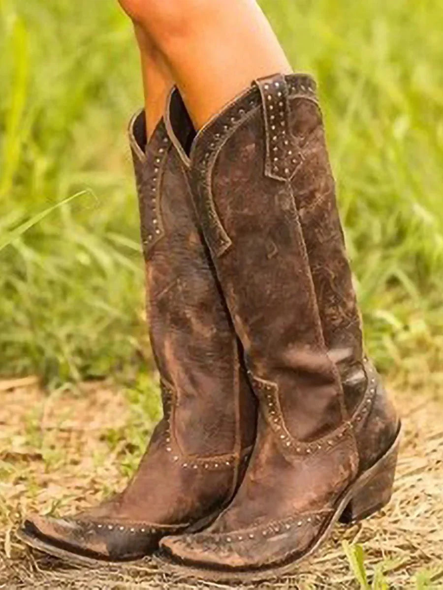Hayley | Women's Western Studded Vintage Cowgirl Boots with Low Heel and Rivets