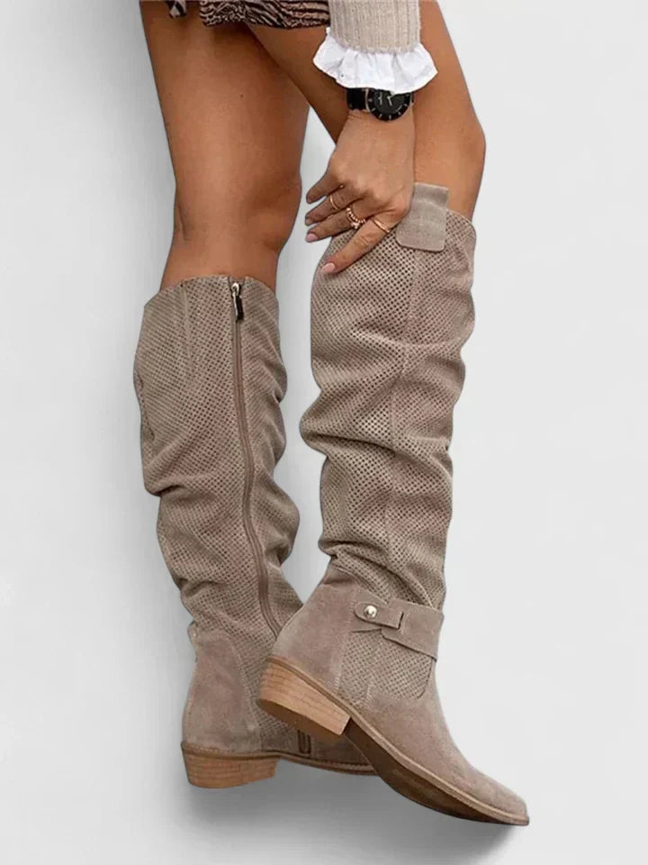 Martha | Women's Knee High Perforated Block Heel Boots with Buckle Strap