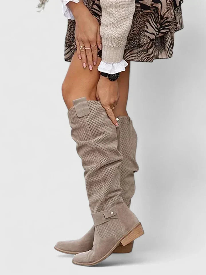 Martha | Women's Knee High Perforated Block Heel Boots with Buckle Strap