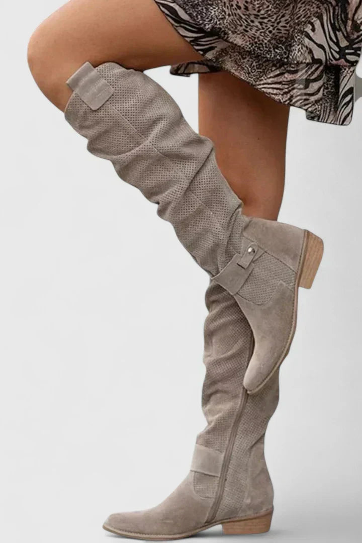 Martha | Women's Knee High Perforated Block Heel Boots with Buckle Strap