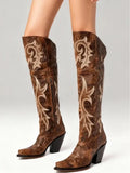 Megan | Women's Pointed Toe Embroidered Western Block Heel Boots with Side Zip