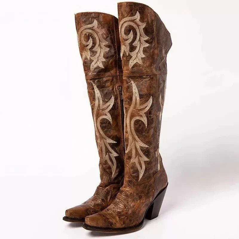 Megan | Women's Pointed Toe Embroidered Western Block Heel Boots with Side Zip