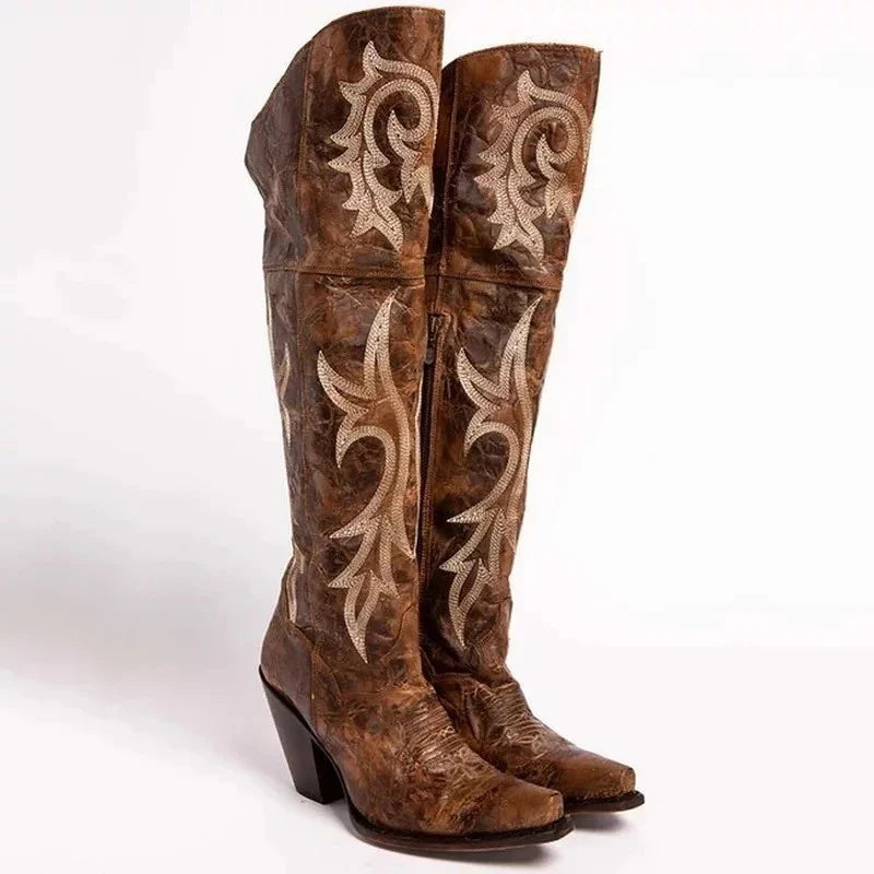Megan | Women's Pointed Toe Embroidered Western Block Heel Boots with Side Zip