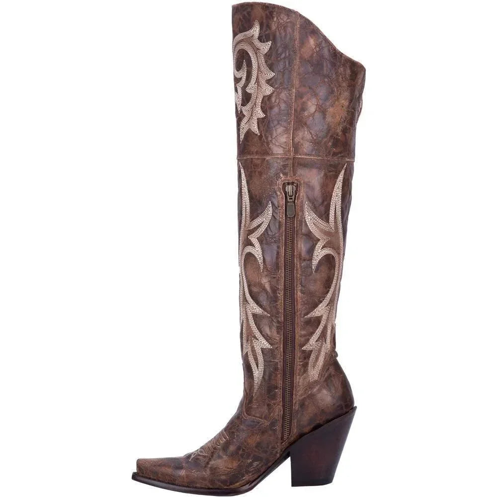 Megan | Women's Pointed Toe Embroidered Western Block Heel Boots with Side Zip