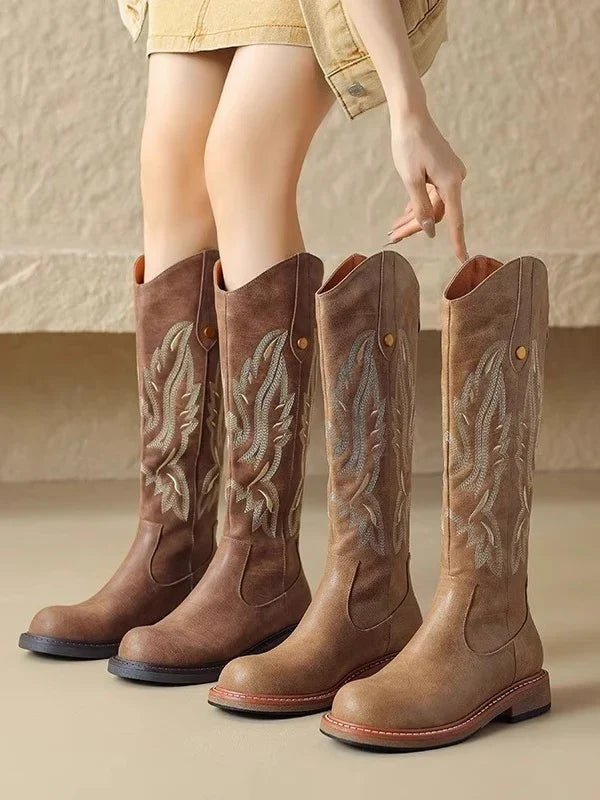 Millicent | Women's Block Heel Round Toe Embroidered Biker Knee High Boots
